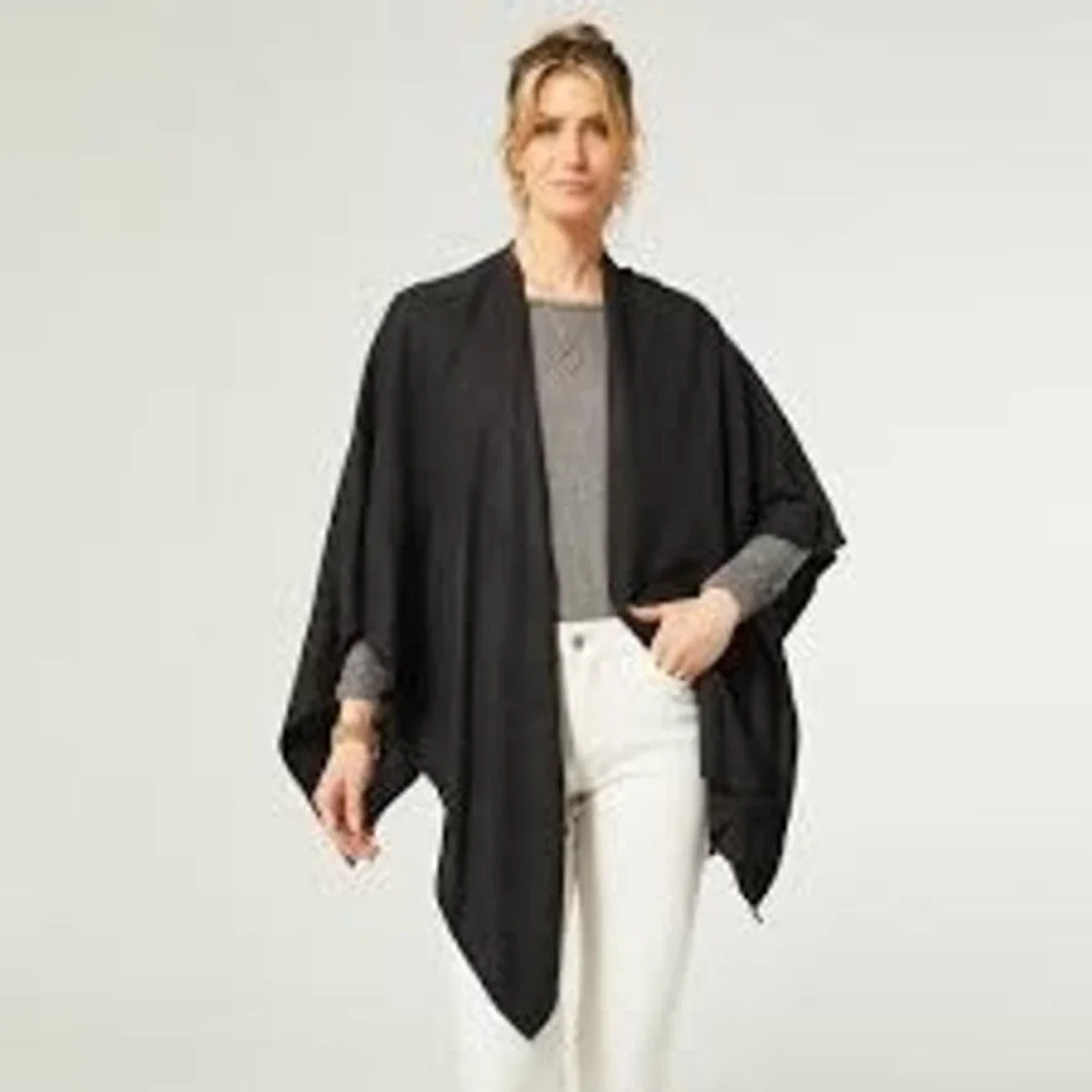 Coco + Carmen Wrap Kiara O/S Black Lightweight Open Front Layering Shawl Poncho